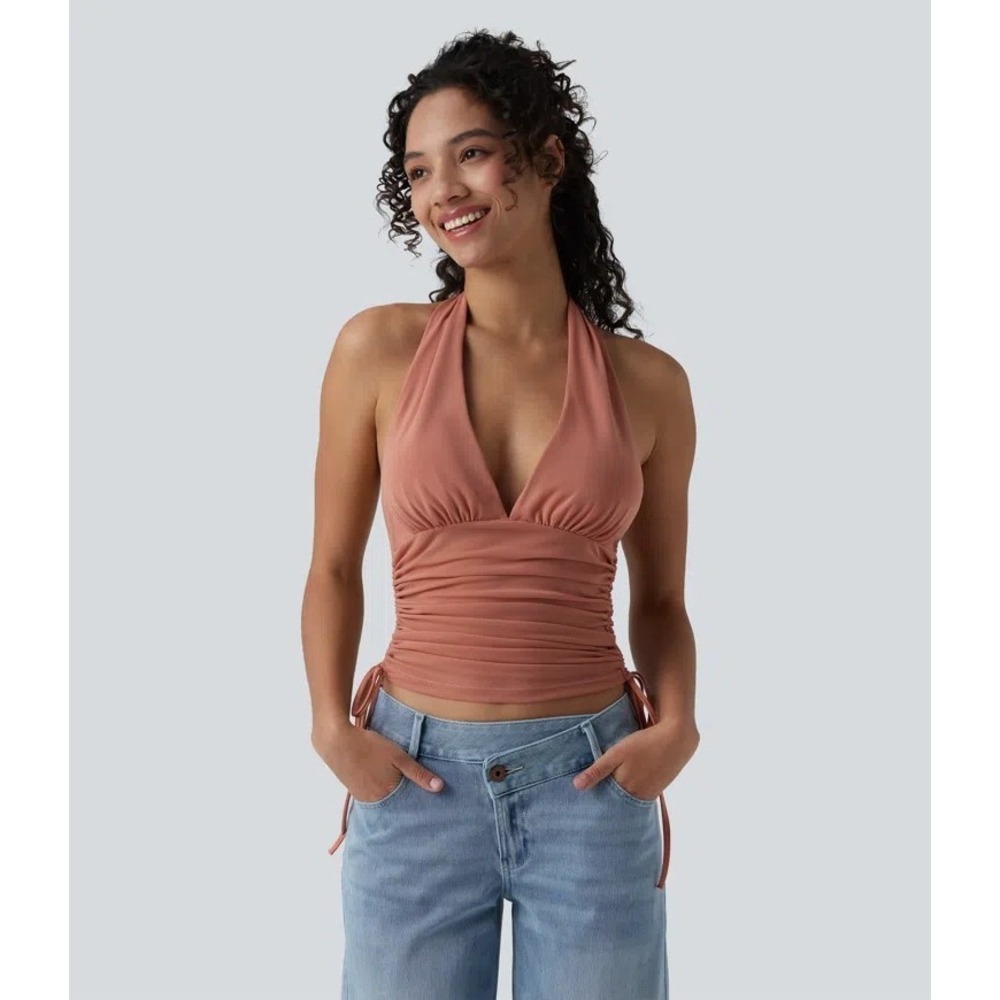 Halara Deep V Neck Halter Ruched Drawstring Casual Boho U2k Org $59 Sz Med